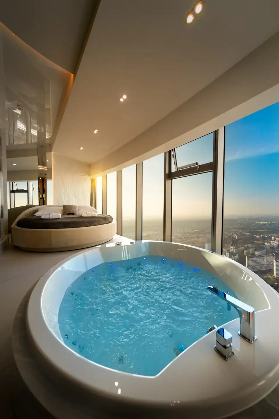 Jacuzzi przy panoramicznym oknie z widokiem na Wrocław